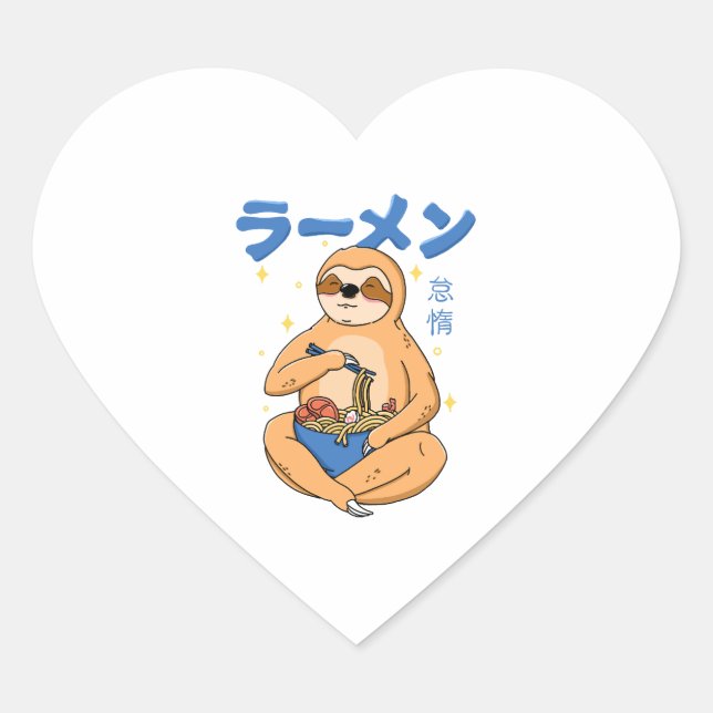 Kawaii Sloth Ramen Herz-Aufkleber (Vorderseite)