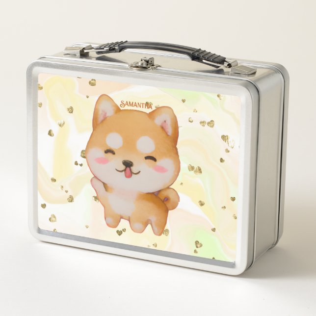Kawaii Smiling Cartoon-Style Shiba Inu Metall Brotdose (Vorderseite)