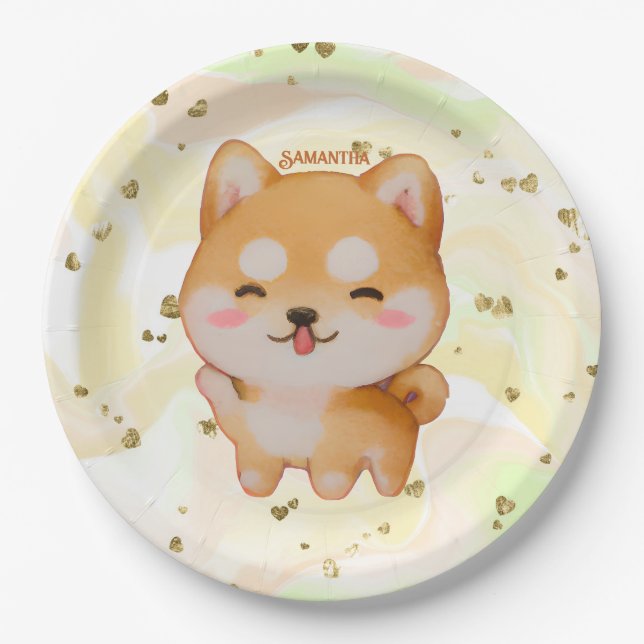 Kawaii Smiling Cartoon-Style Shiba Inu Pappteller (Vorderseite)