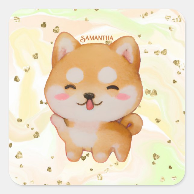 Kawaii Smiling Cartoon-Style Shiba Inu Quadratischer Aufkleber (Vorderseite)