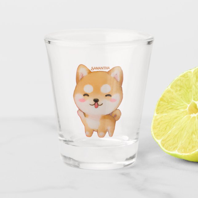 Kawaii Smiling Cartoon-Style Shiba Inu Schnapsglas (Vorderseite)