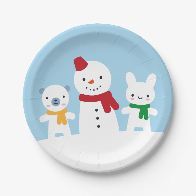 Kawaii Snow Day with Bunny & Bear Pappteller (Vorderseite)