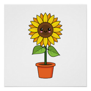 Kawaii Sonnenblume Pflanze in einem Topf Poster