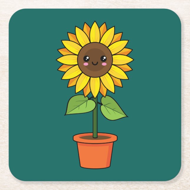 Kawaii Sonnenblume Pflanze in einem Topf Rechteckiger Pappuntersetzer (Vorderseite)