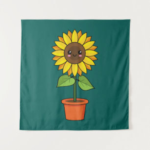 Kawaii Sonnenblume Pflanze in einem Topf Wandteppich