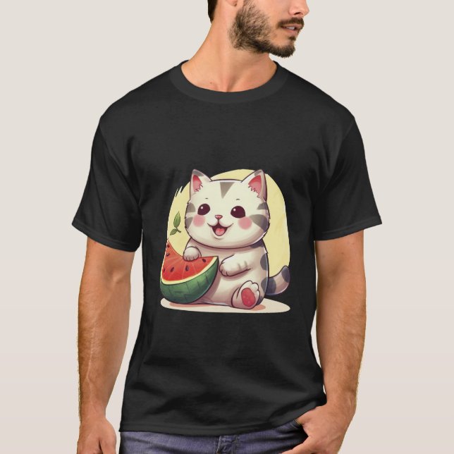 Kawaii Spotted Cat with Watermelon Summer Art ✨🐾 T-Shirt (Vorderseite)