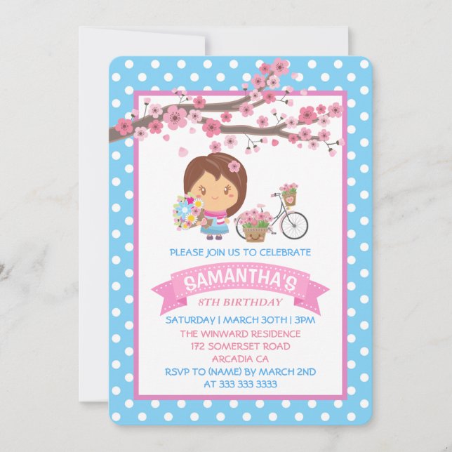 Kawaii Spring Cherry Blossoms Girl Birthday Party Einladung (Vorderseite)