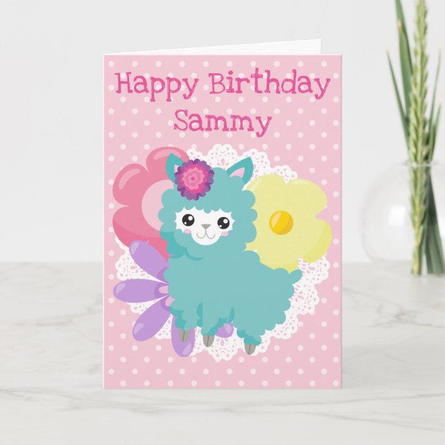 Kawaii Spring Pink Llama Happy Birthday Karte (Vorderseite)
