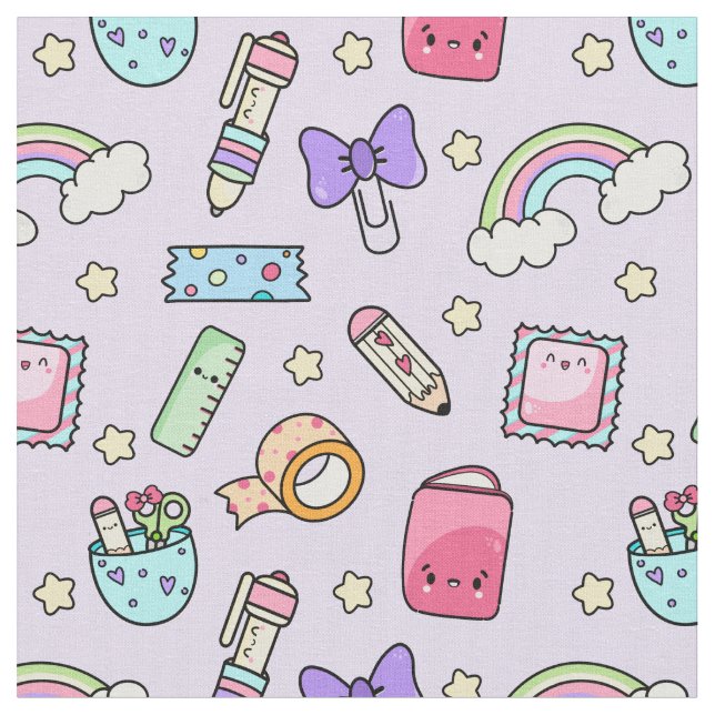 Kawaii Stationery Pattern Fabric Stoff (Nahaufnahme)