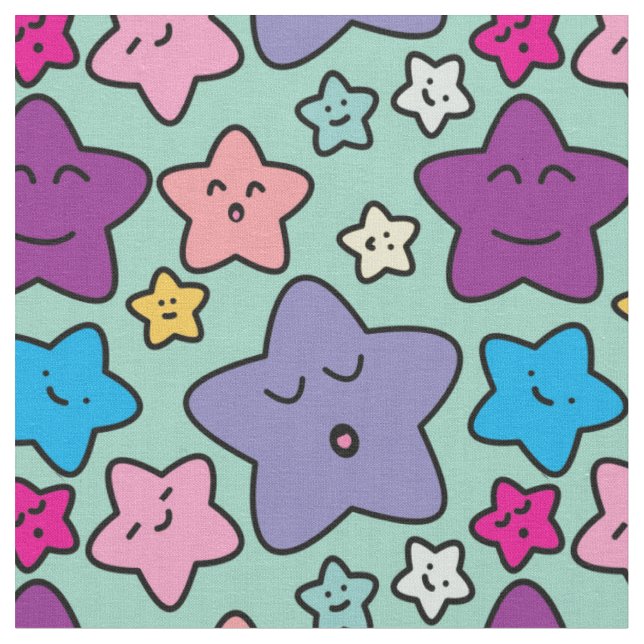 Kawaii-Sterne - niedliche Musterminze Stoff (Nahaufnahme)