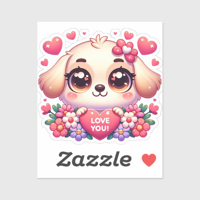 Kawaii Stil Niedliche Welpe mit Liebe-Nachricht Aufkleber (Blatt)