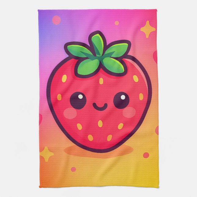 Käwaii Strawberry auf Pastel Gradient Backg lächel Geschirrtuch (Vertikal)