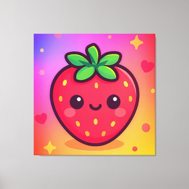 Käwaii Strawberry auf Pastel Gradient Backg lächel Leinwanddruck (Vorderseite)