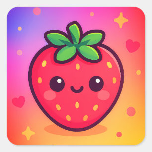 Käwaii Strawberry auf Pastel Gradient Backg lächel Quadratischer Aufkleber