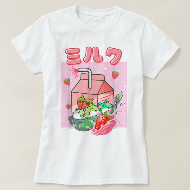 Kawaii Strawberry Milk Frog Art T-Shirt (Design vorne)