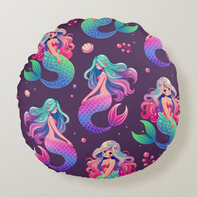 Kawaii Style Mermaids Nahtlos Lila Rundes Kissen (Vorderseite)