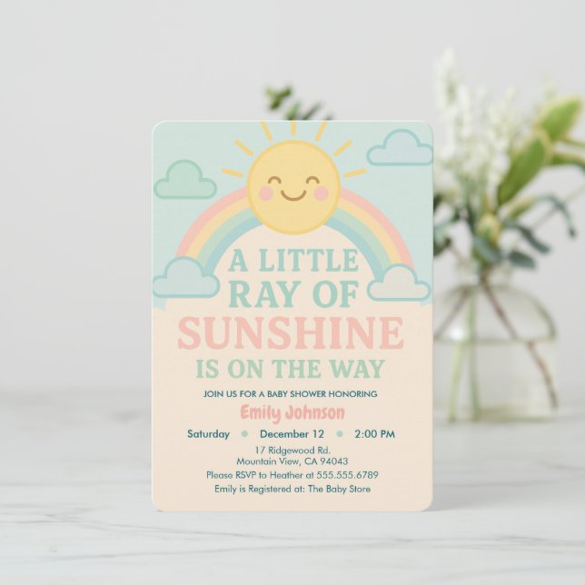 Kawaii Sun Ray of Sunshine Pastel Baby Shower Einladung (Stehend Vorderseite)