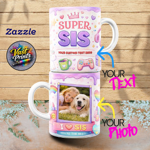 Kawaii "Super Sis" Gaming & Unicorn-Fotocollage Kaffeetasse