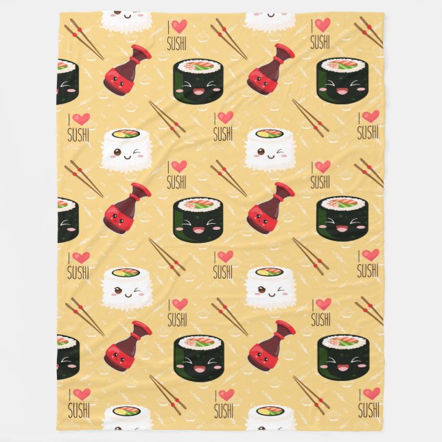 Kawaii Sushi Muster hellgelb Fleecedecke (Vorderseite)