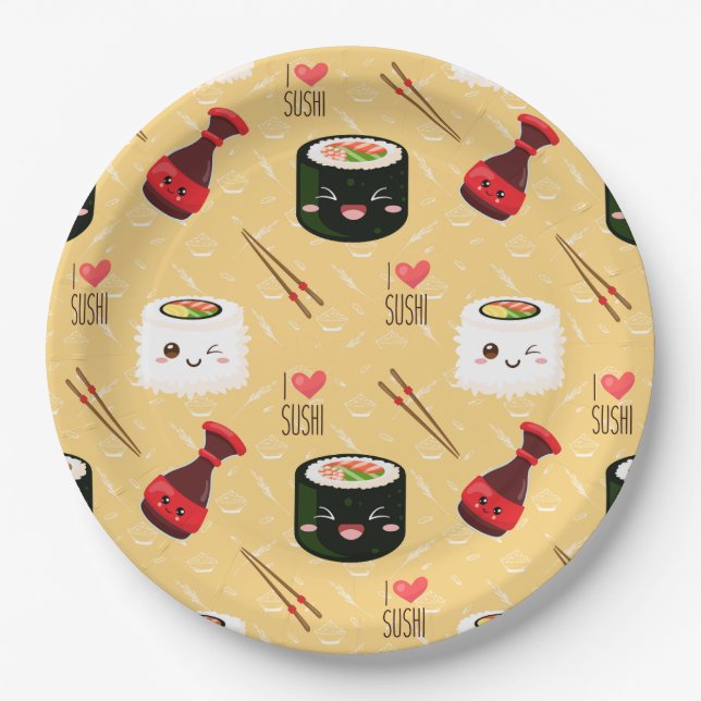 Kawaii Sushi Muster hellgelb Pappteller (Vorderseite)