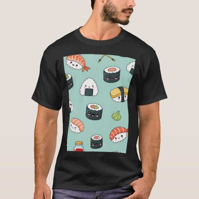 Kawaii Sushi Muster T-Shirt (Vorderseite)