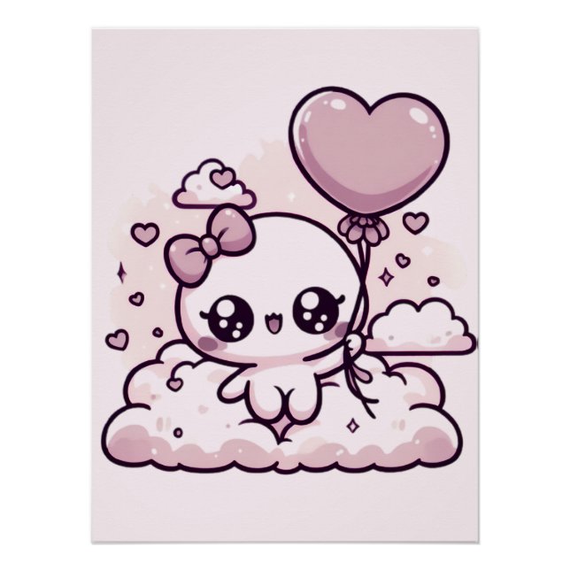 Kawaii-Süsse mit einem Herzballon Poster (Vorderseite)