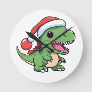 Kawaii T-Rex-Dinosaur mit Weihnachtsmütze Runde Wanduhr