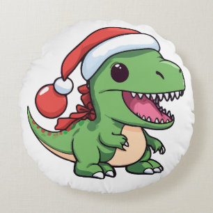 Kawaii T-Rex-Dinosaur mit Weihnachtsmütze Rundes Kissen