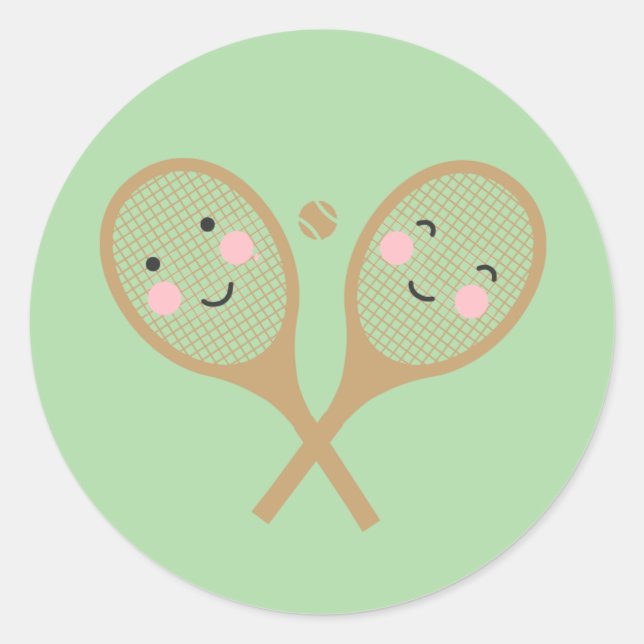 Kawaii Tennis Rackets Happy Face Niedlich Brown Runder Aufkleber (Vorderseite)