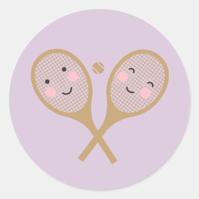 Kawaii Tennis Rackets Happy Face Niedlich Lavender Runder Aufkleber (Vorderseite)