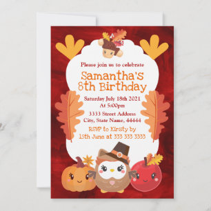 Kawaii Thanksgiving Eule Kürbis Apfel Geburtstag Einladung