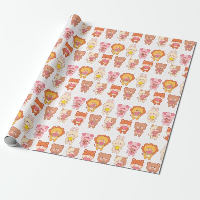 Kawaii Tiere mit Lebensmitteln Geschenkpapier (Ungerollt)