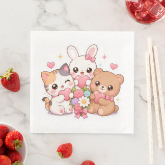 Kawaii-Tierfreunde Hearts&Flowers-Papier-Tischserv Serviette