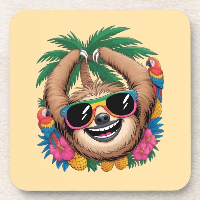 Kawaii Tropical Sloth – Cute Summer Vibes Rainbow  Getränkeuntersetzer (Vorderseite)