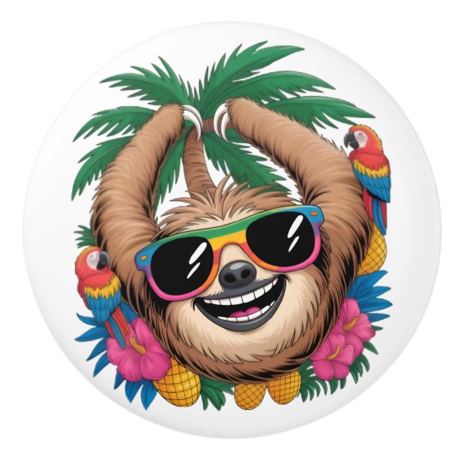 Kawaii Tropical Sloth – Cute Summer Vibes Rainbow  Keramikknauf (Vorderseite)