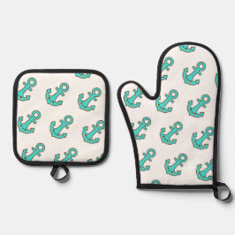 Kawaii Türkis Anchor - Whimsical & Cheerful Ofenhandschuh & Topflappen-Set