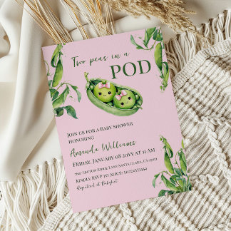 Kawaii Two Peas in Pod Pink Girl Twins Baby Shower Einladung