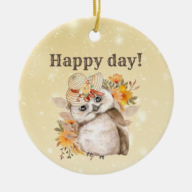 Kawaii-Uhu mit warmen Blätter Keramik Ornament (Vorne)