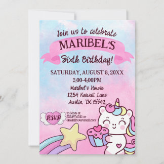 Kawaii Unicorn Rainbow Pink Blue Birthday Einladung