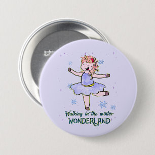Kawaii Unicorn Wandern im Winter Button