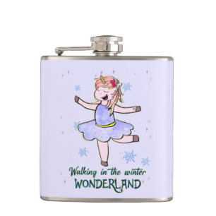 Kawaii Unicorn Wandern im Winter Flachmann