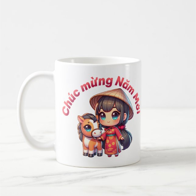 Kawaii Vietnamese New Year Girl & Horse Kaffeetasse (Links)