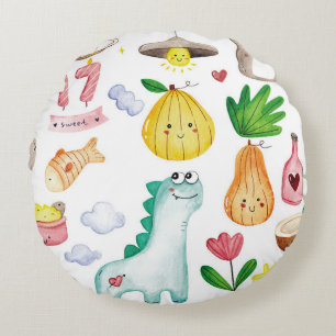 Kawaii Wasserfarbdoodles, Aufkleber fertig. Rundes Kissen