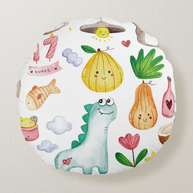 Kawaii Wasserfarbdoodles, Aufkleber fertig. Rundes Kissen (Vorderseite)
