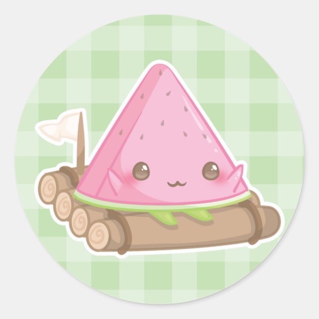 Kawaii Watermelon Slice in Niedlicher, brauner Sti Runder Aufkleber (Vorderseite)