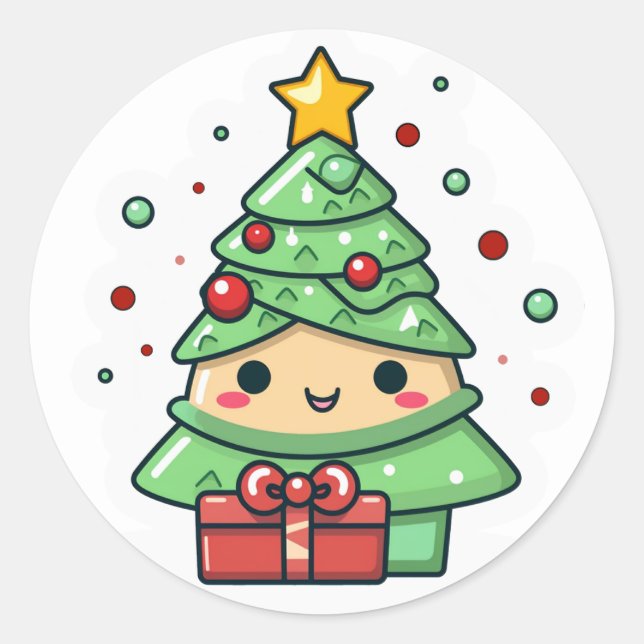 Kawaii-Weihnachtsbaum Runder Aufkleber (Vorderseite)