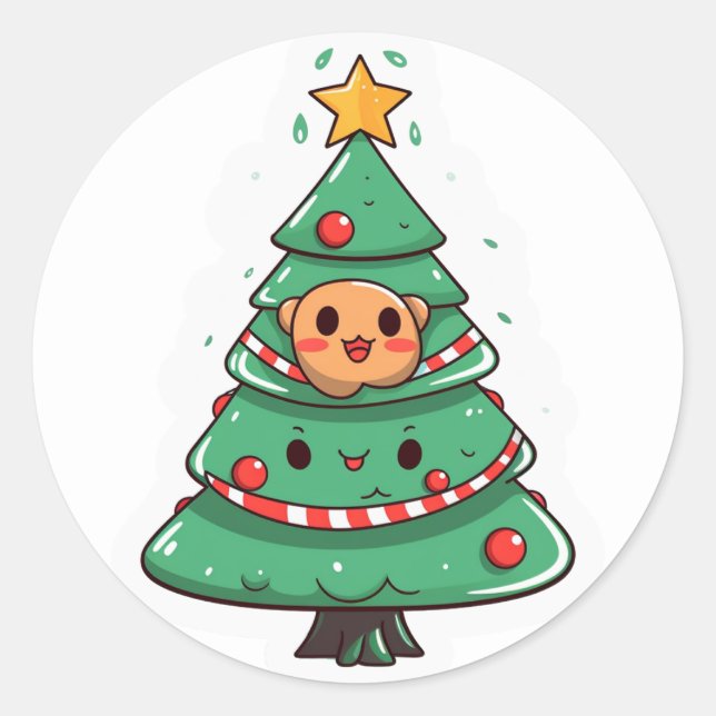 Kawaii-Weihnachtsbaum Runder Aufkleber (Vorderseite)