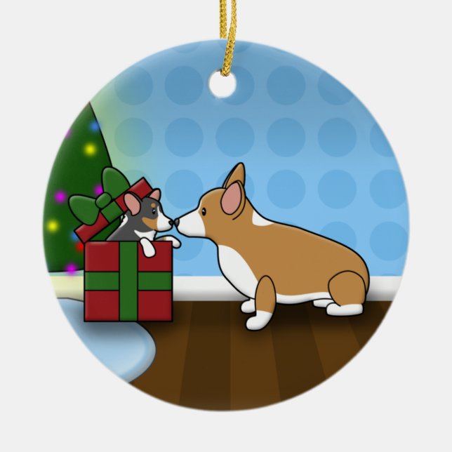 Kawaii Weihnachtscorgi-Welpen-Geschenk-Verzierung Keramikornament (Vorne)