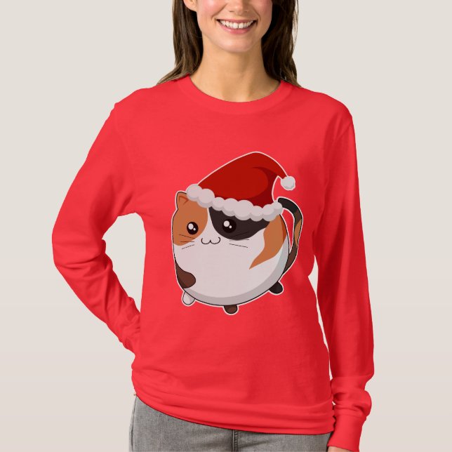 Kawaii Weihnachtskaliko-Miezekatzekatze T-Shirt (Vorderseite)