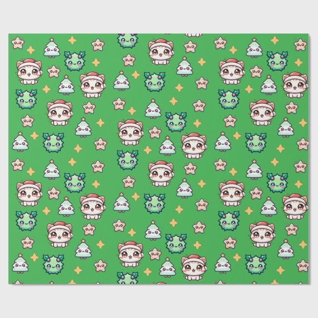 Kawaii Weihnachtskatzen & Sternen Umschlagpapier Geschenkpapier (Flach)